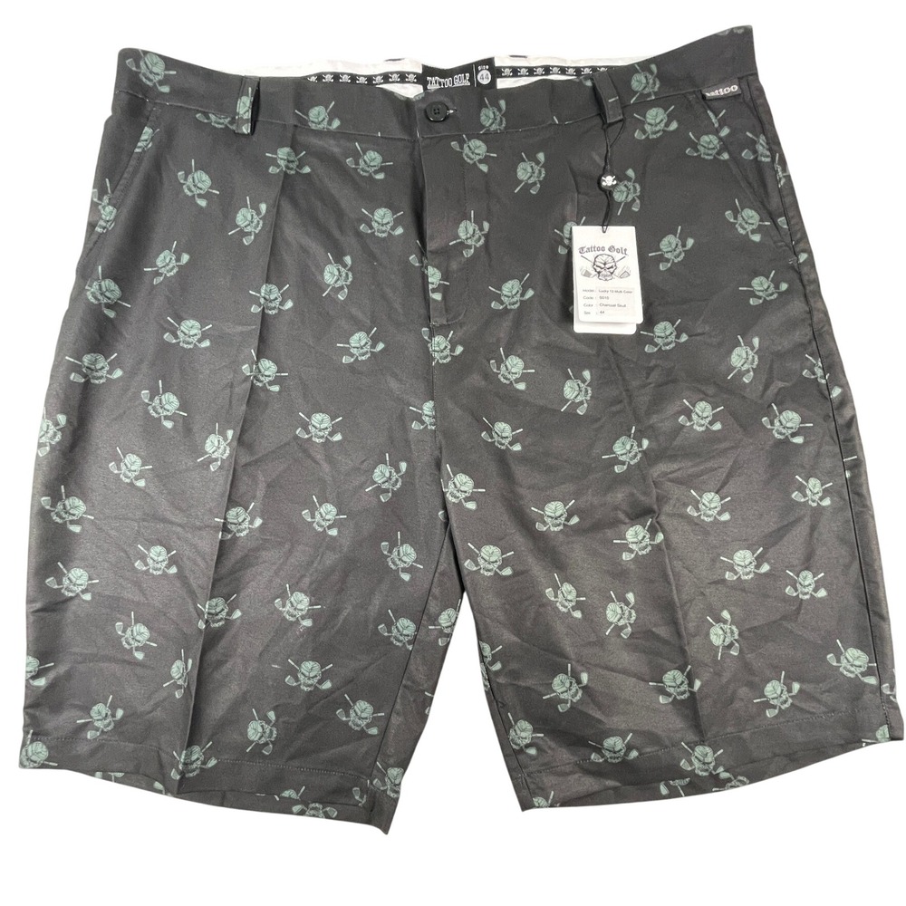 Tattoo Golf Shorts Mens 44 Charcoal Lucky 13 Multi Color Skull Performance NWT